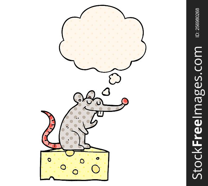cartoon mouse sitting on cheese with thought bubble in comic book style