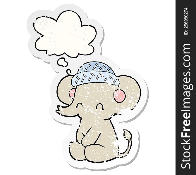 Cartoon Cute Elephant And Thought Bubble As A Distressed Worn Sticker