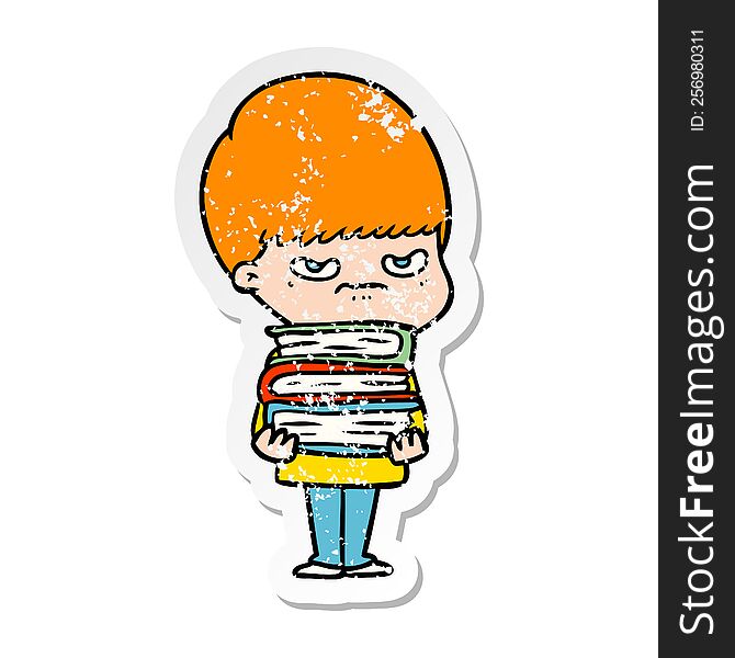 distressed sticker of a angry cartoon boy with books
