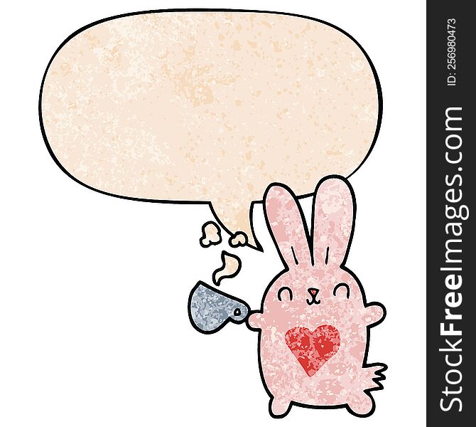 Cute Cartoon Rabbit And Love Heart And Coffee Cup And Speech Bubble In Retro Texture Style