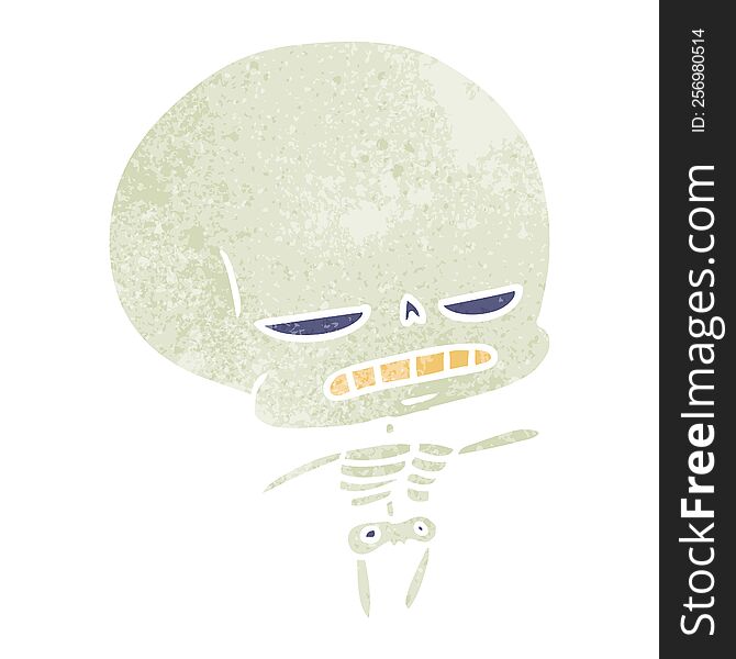 freehand drawn retro cartoon of spooky kawaii skeleton