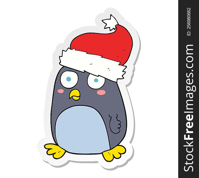 Sticker Of A Cartoon Penguin In Christmas Hat