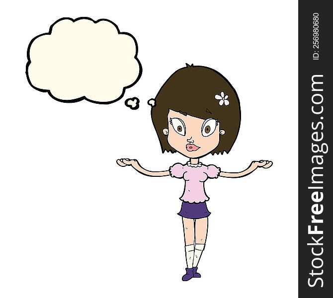 cartoon woman making balancing gesture with thought bubble
