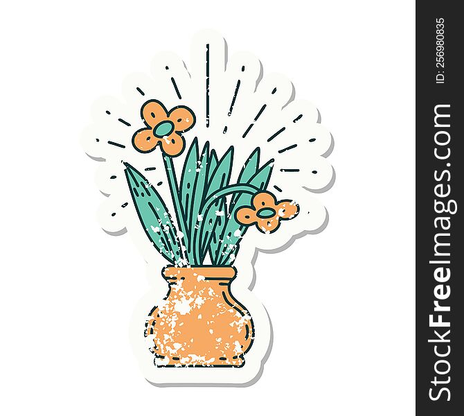 Grunge Sticker Of Tattoo Style Flowers In Vase