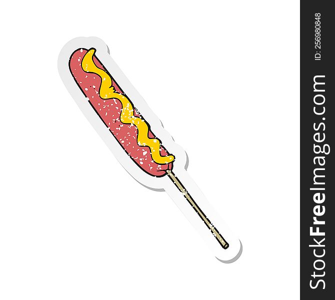 Retro Distressed Sticker Of A Cartoon Hotdog On A Stick