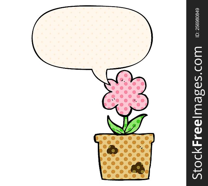 Cute Cartoon Flower And Speech Bubble In Comic Book Style
