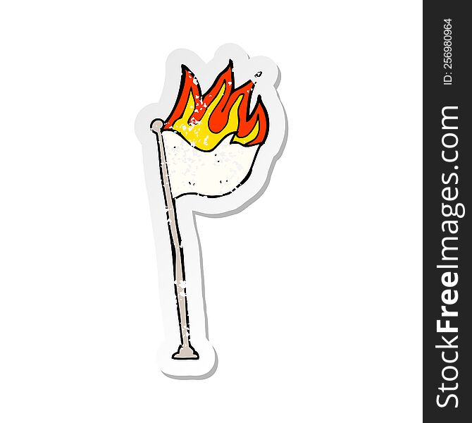 Retro Distressed Sticker Of A Cartoon Burning Flag On Pole