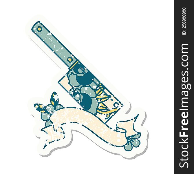 Grunge Sticker With Banner Of A Cleaver And Flowers