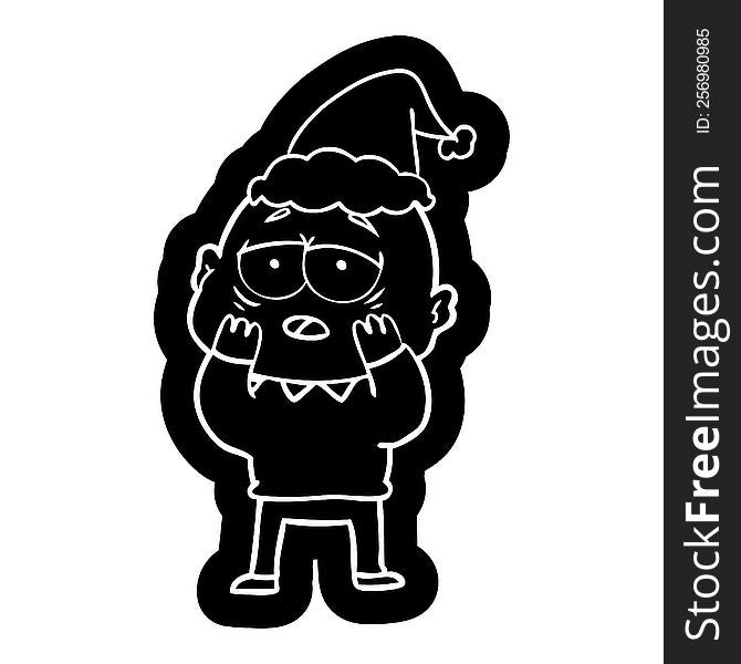 quirky cartoon icon of a tired bald man wearing santa hat