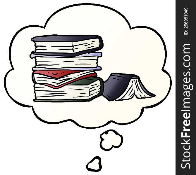 cartoon pile of books with thought bubble in smooth gradient style