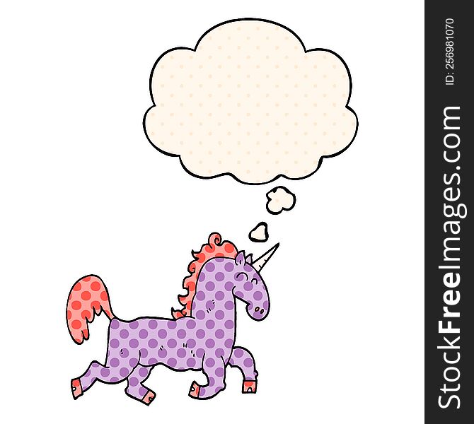 Cartoon Unicorn And Thought Bubble In Comic Book Style