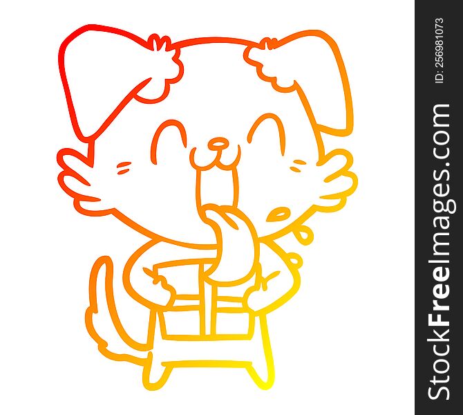 warm gradient line drawing of a cartoon panting dog with present