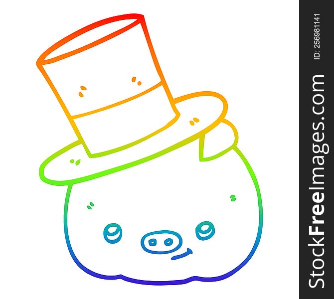 rainbow gradient line drawing cartoon pig wearing top hat