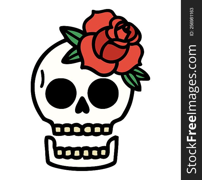 tattoo in traditional style of a skull and rose. tattoo in traditional style of a skull and rose