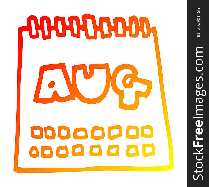 warm gradient line drawing cartoon calendar showing month of august