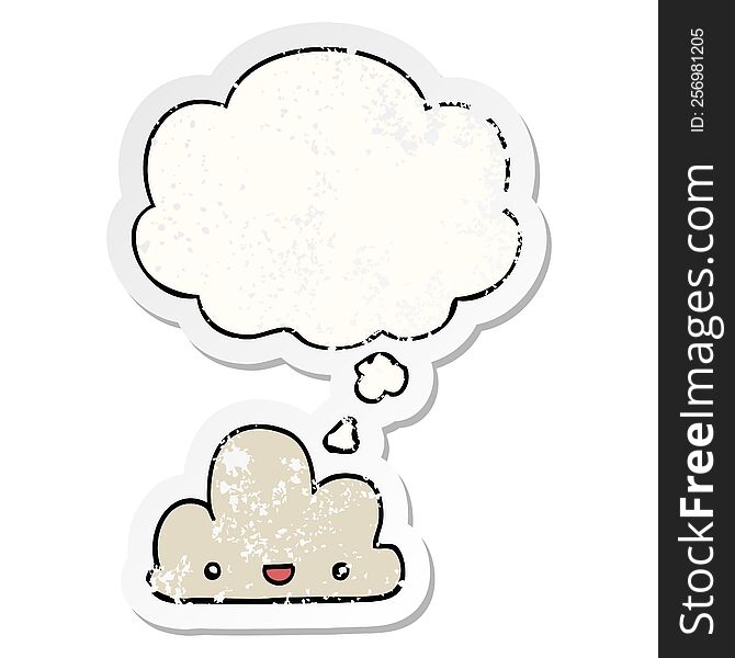 cartoon tiny happy cloud with thought bubble as a distressed worn sticker