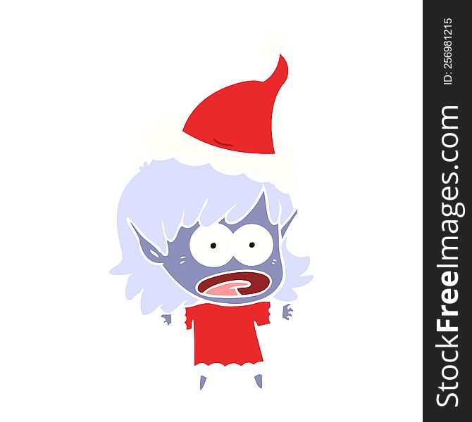 hand drawn flat color illustration of a shocked elf girl wearing santa hat