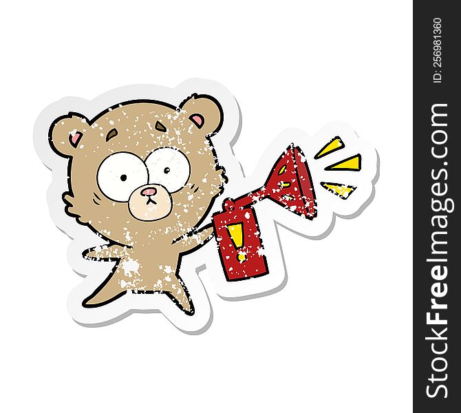 distressed sticker of a anxious bear cartoon with air horn