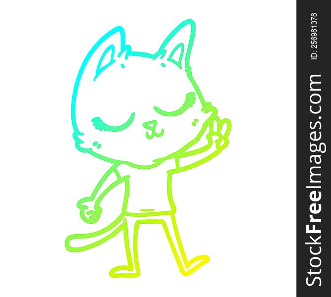 cold gradient line drawing of a calm cartoon cat giving peace sign