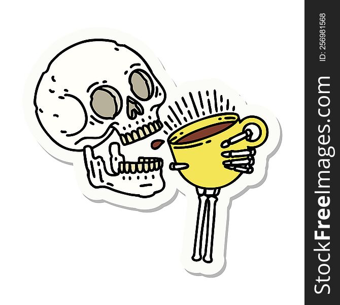 sticker of tattoo in traditional style of a skull drinking coffee. sticker of tattoo in traditional style of a skull drinking coffee