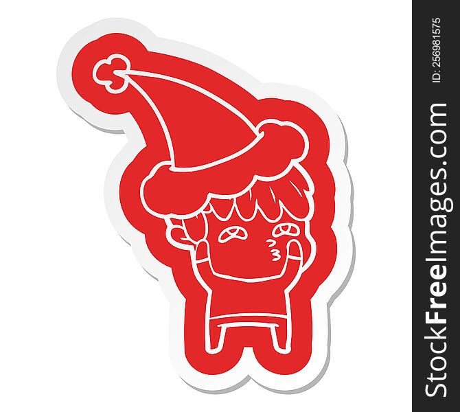quirky cartoon  sticker of a curious man wearing santa hat