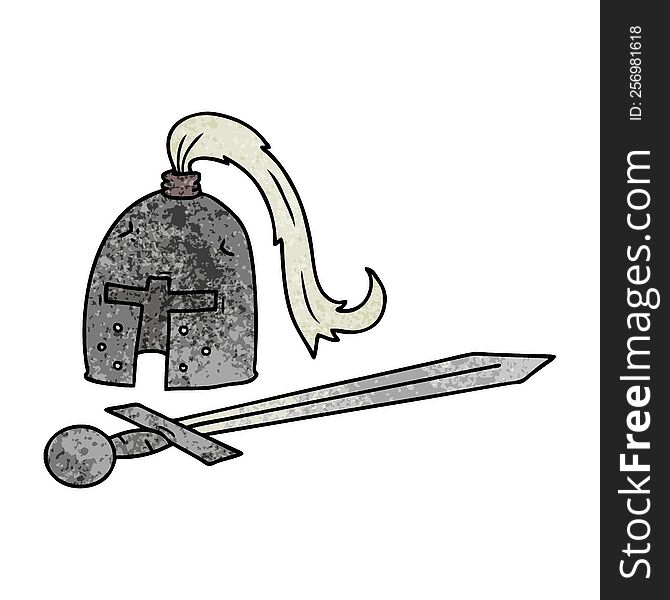 hand drawn textured cartoon doodle of a medieval helmet and sword