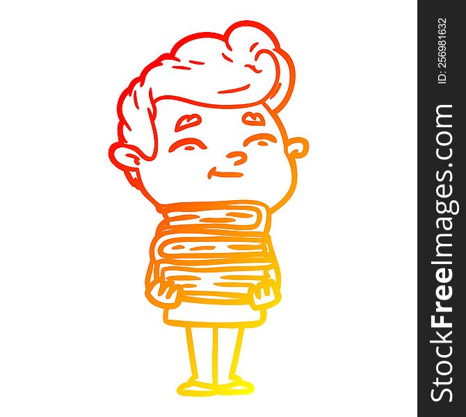 warm gradient line drawing of a happy cartoon man with stack of new books