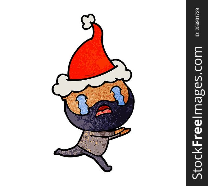 Textured Cartoon Of A Bearded Man Crying Wearing Santa Hat