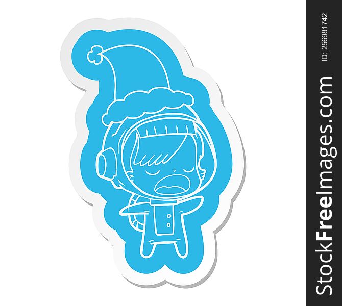 Cartoon  Sticker Of A Talking Astronaut Woman Wearing Santa Hat