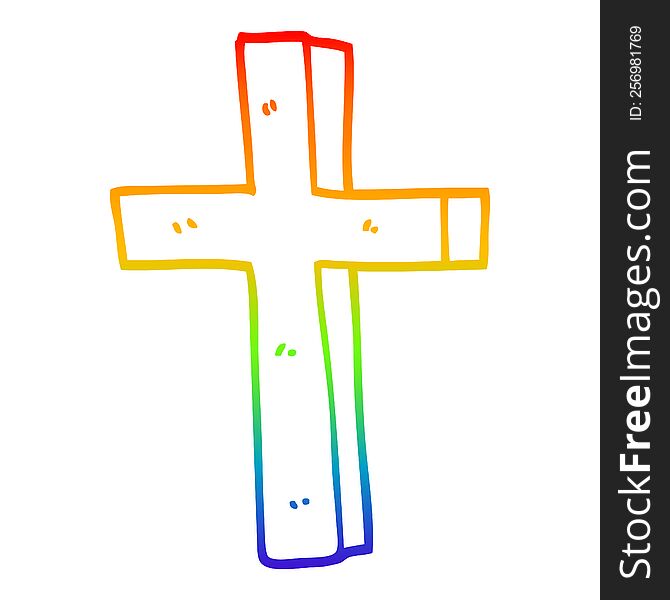 rainbow gradient line drawing of a cartoon gold cross