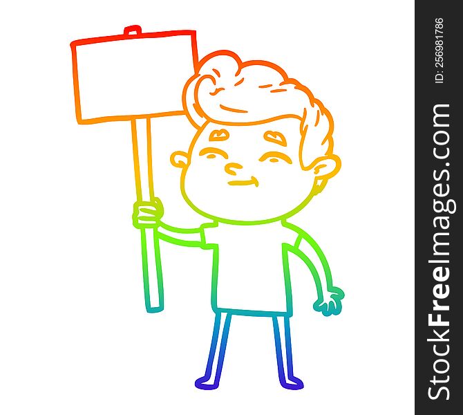 rainbow gradient line drawing of a happy cartoon man with sign