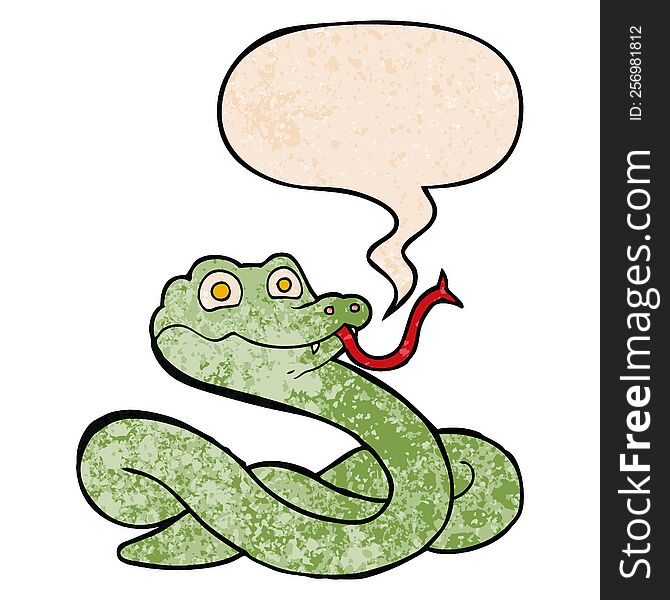 cartoon snake with speech bubble in retro texture style