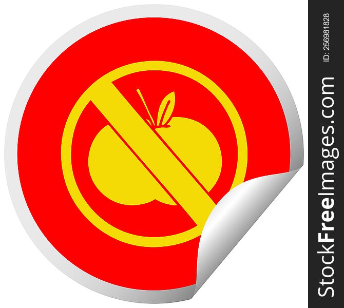 circular peeling sticker cartoon of a no fruit allowed sign