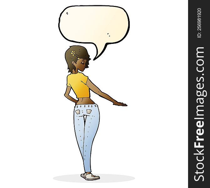 cartoon pretty girl in jeans and tee with speech bubble