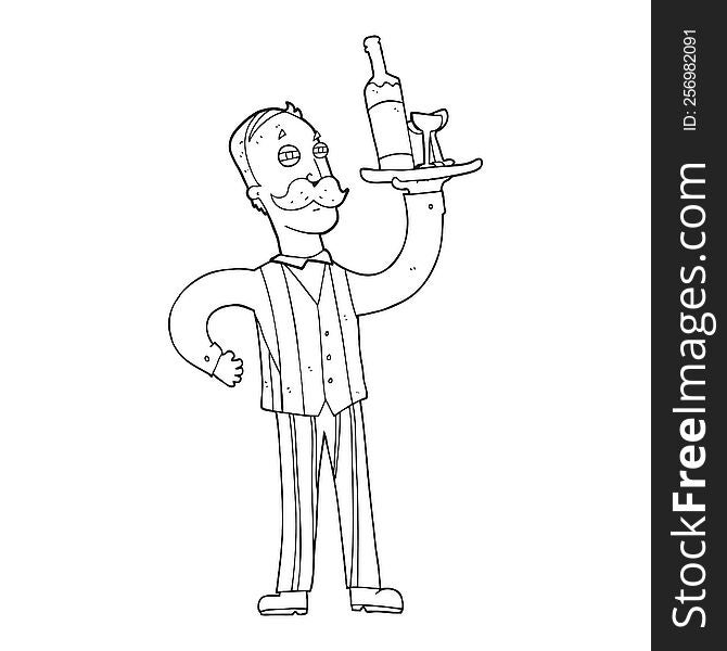 freehand drawn black and white cartoon waiter