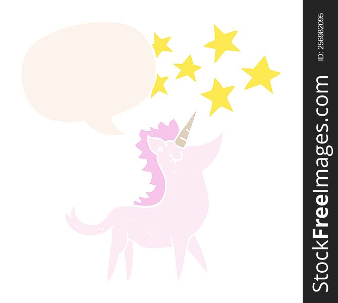 cartoon unicorn with speech bubble in retro style
