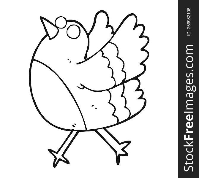 freehand drawn black and white cartoon happy bird