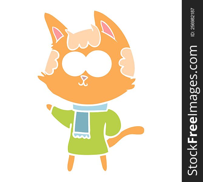happy flat color style cartoon cat in winter clothes