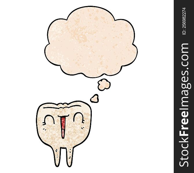 Cartoon Happy Tooth And Thought Bubble In Grunge Texture Pattern Style