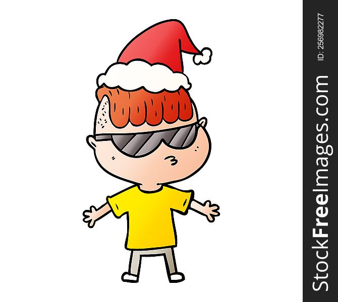 hand drawn gradient cartoon of a boy wearing sunglasses wearing santa hat