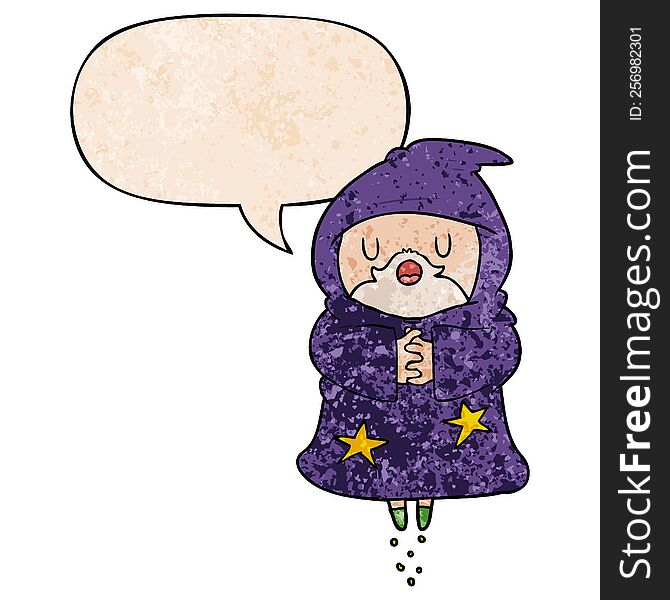cartoon floating wizard with speech bubble in retro texture style