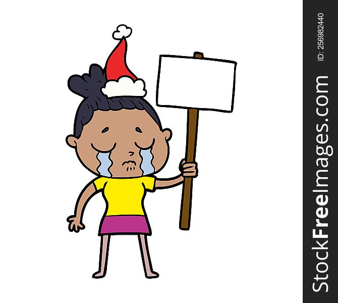 line drawing of a crying woman with protest sign wearing santa hat