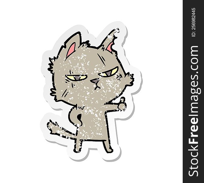 Distressed Sticker Of A Tough Cartoon Cat Giving Thumbs Up Symbol