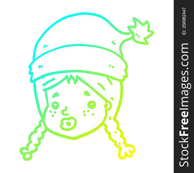 Cold Gradient Line Drawing Cartoon Girl Wearing Christmas Hat