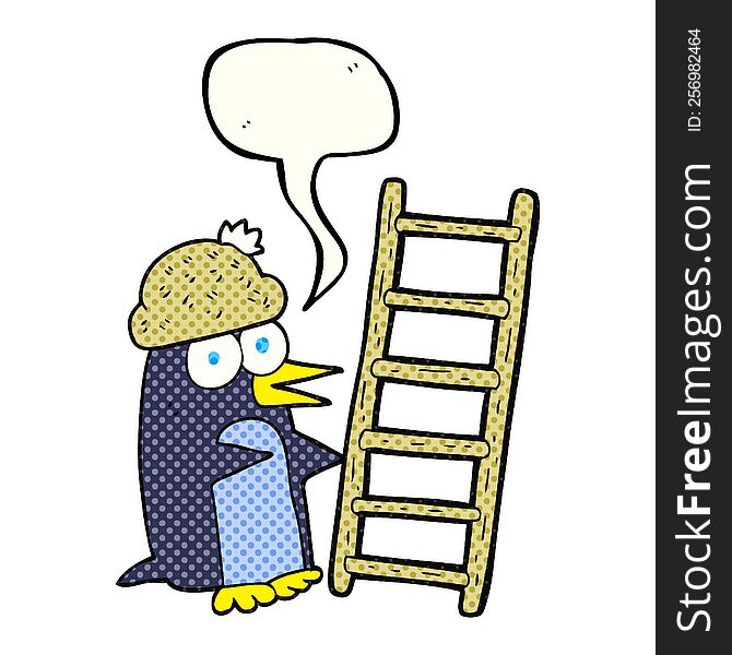 Comic Book Speech Bubble Cartoon Penguin With Ladder