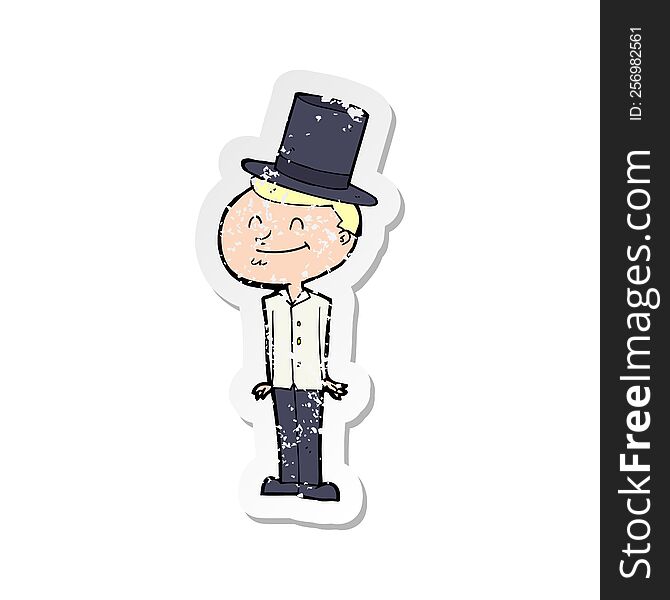 Retro Distressed Sticker Of A Cartoon Man Wearing Top Hat