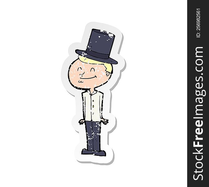 retro distressed sticker of a cartoon man wearing top hat