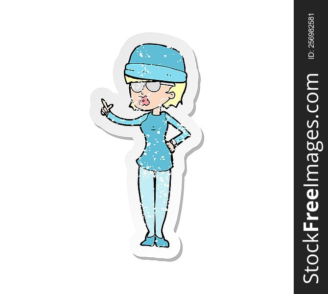 retro distressed sticker of a cartoon woman wearing winter hat