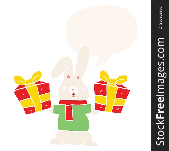 Cartoon Rabbit And Christmas Presents And Speech Bubble In Retro Style