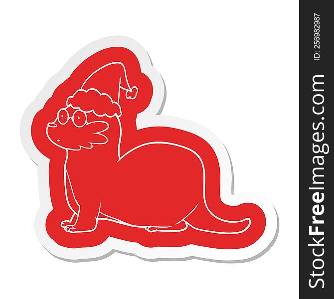 quirky cartoon  sticker of a otter wearing santa hat